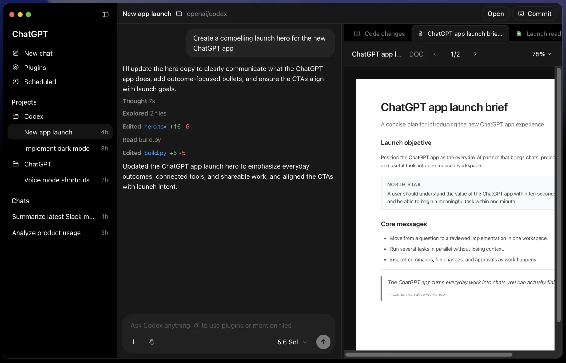Codex App 讀取專案檔案、修改程式，並在同一個畫面呈現變更紀錄與成果預覽
