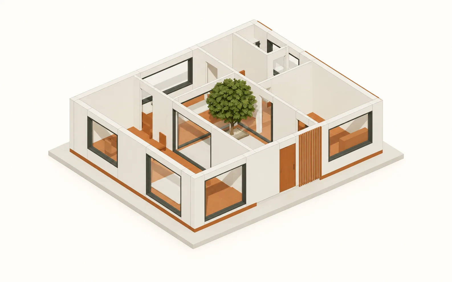 GPT-6 Astra 製作的 Courtyard House,以移除屋頂的視角呈現房間配置與中庭關係