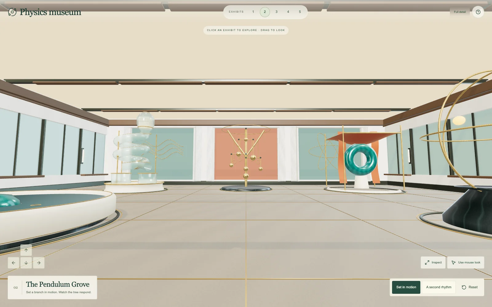 GPT-6 Astra 製作的 Physics Museum,顯示可移動視角與操作展品的 3D 博物館介面