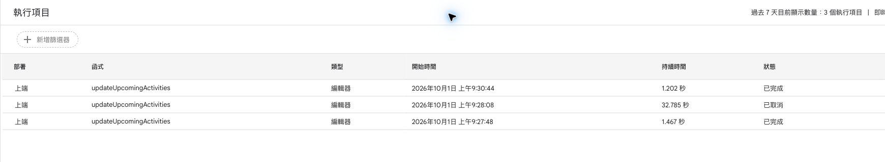 執行項目頁面：兩次手動執行已完成，中間另有一次取消的紀錄